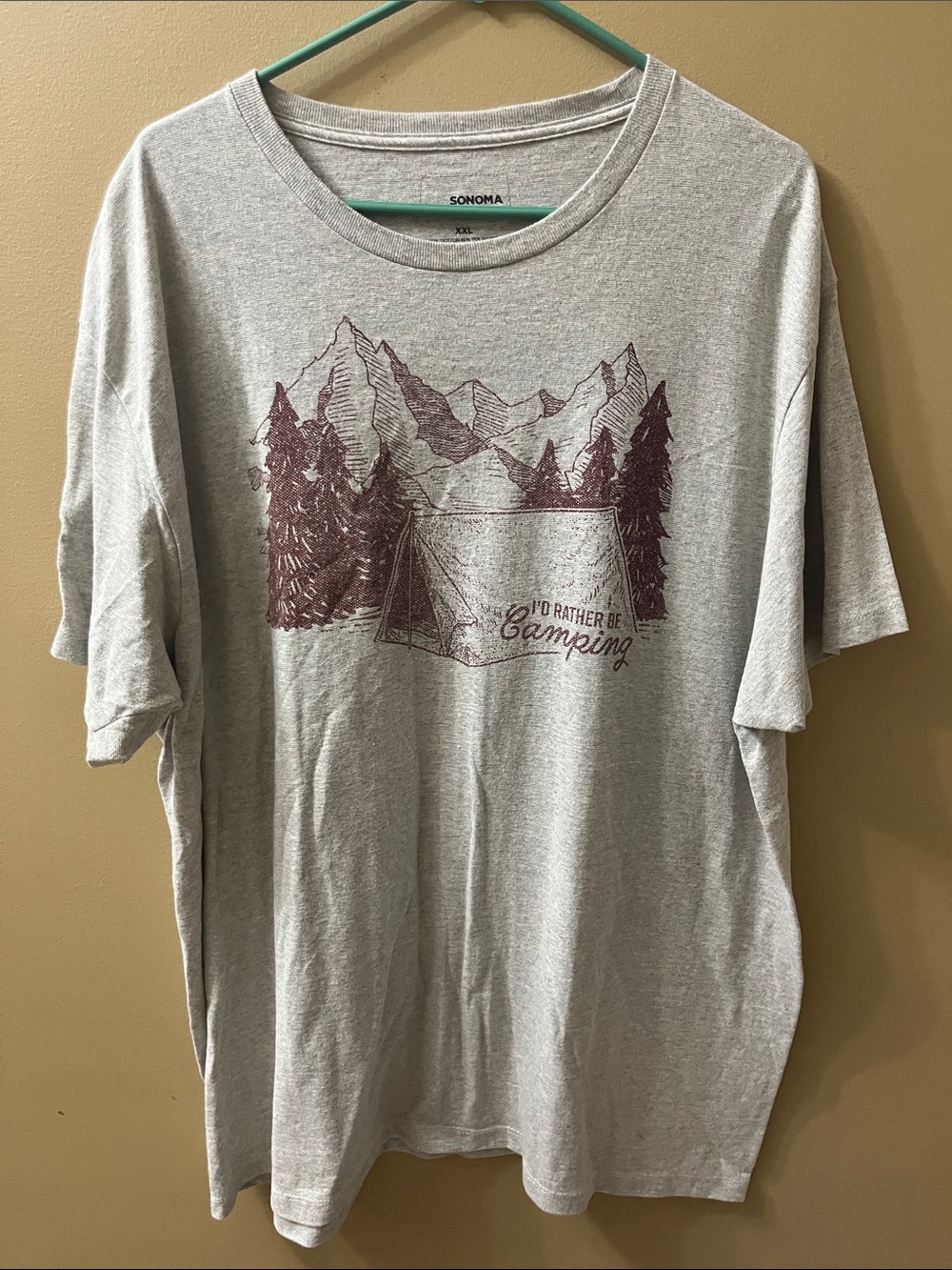 Sonoma Light Gray Short-Sleeve Tee with Burgundy Camping Graphic